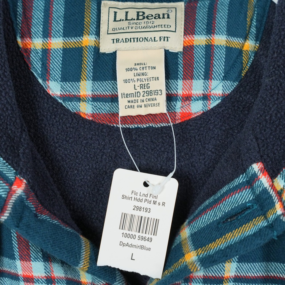 LL Bean Mens Fleece Lined Flannel Shirt Jacket Admiral Blue Plaid Hooded Large - Picture 3 of 7